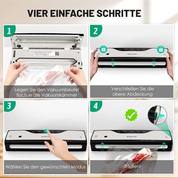 Вакуумний пакувальник Raycial 5-в-1: для сухої/вологої їжі, консервів, з набором пакетів та ріжучим ножем, чорний