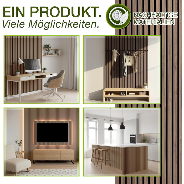 Акустичні панелі TRESKO з дерева 120×60x2,1 см, 3D ламельна стіна для шумоізоляції з вішалками для одягу, дуб натуральний (4 шт.)