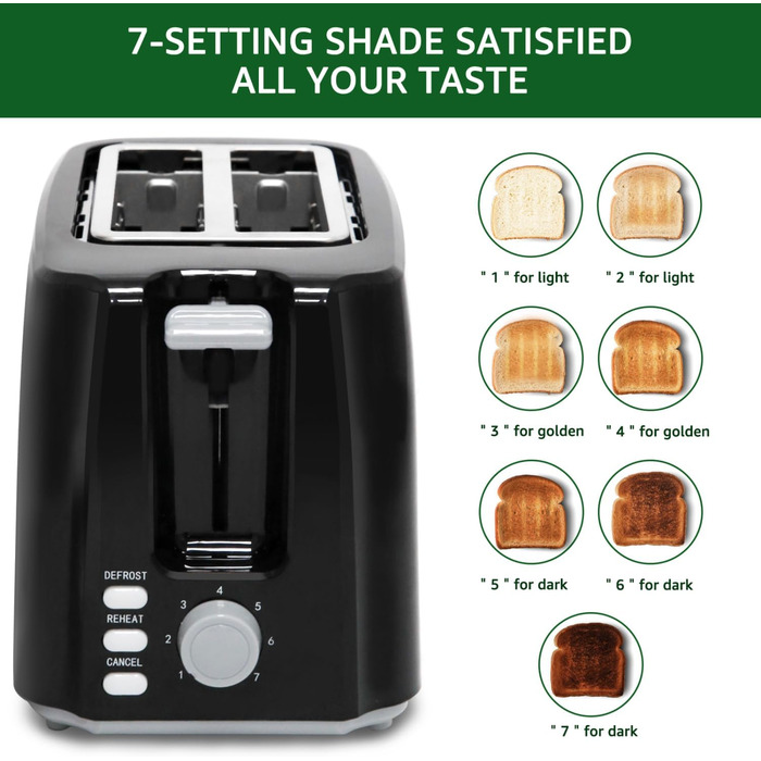 Тостер Aigostar 750W з 7 рівнями підсмажування, функціями розморожування та підігріву, 2 слоти для тостів, чорний
