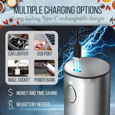 Електричний млин для солі та перцю POFIBO з USB-зарядкою, LED-підсвіткою, регулюванням помолу, набір 2 шт., сріблястий