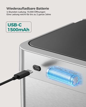 Сміттєвий бак кухонний сенсорний Lovewind 55л, нержавіюча сталь, USB-C, сріблястий