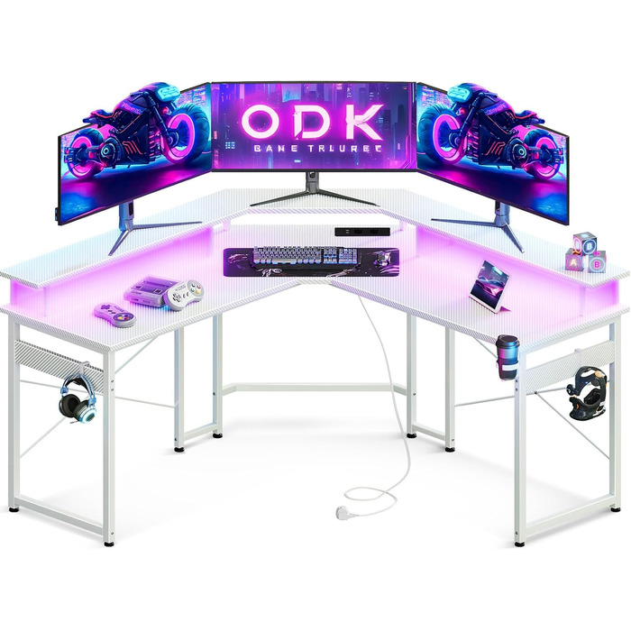 ODK Gaming Table with LED, Gaming Desk with 2 Outlets and 2 USB Charging Ports, PC Table Gaming with a Generous Monitor Stand, Gamer Desk in Carbon Fiber White, 129x129 cm