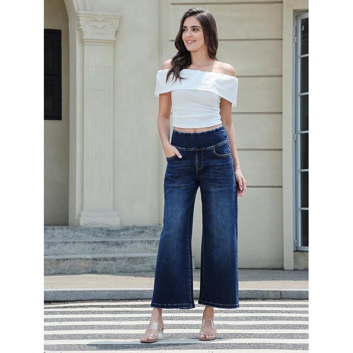 Джинси жіночі Baggy з високою талією, широкі, укорочені прямі, еластичні, літні, колір - темний індиго