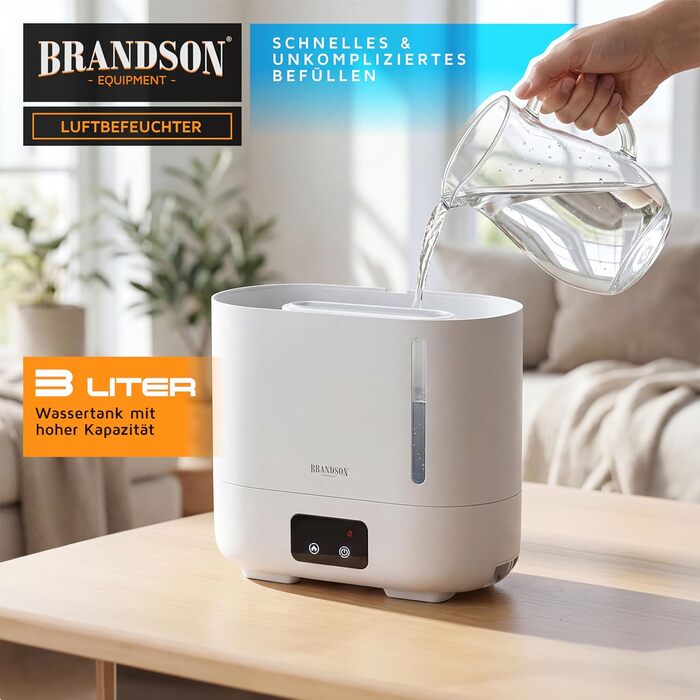 Зволожувач повітря Brandson з ефектом полум'я, керуванням від пульта, тихий, ультразвуковий, 4 режими туману, резервуар 3 літри, відсік для аромамасел, LED-підсвітка, для офісу, вітальні, спальні