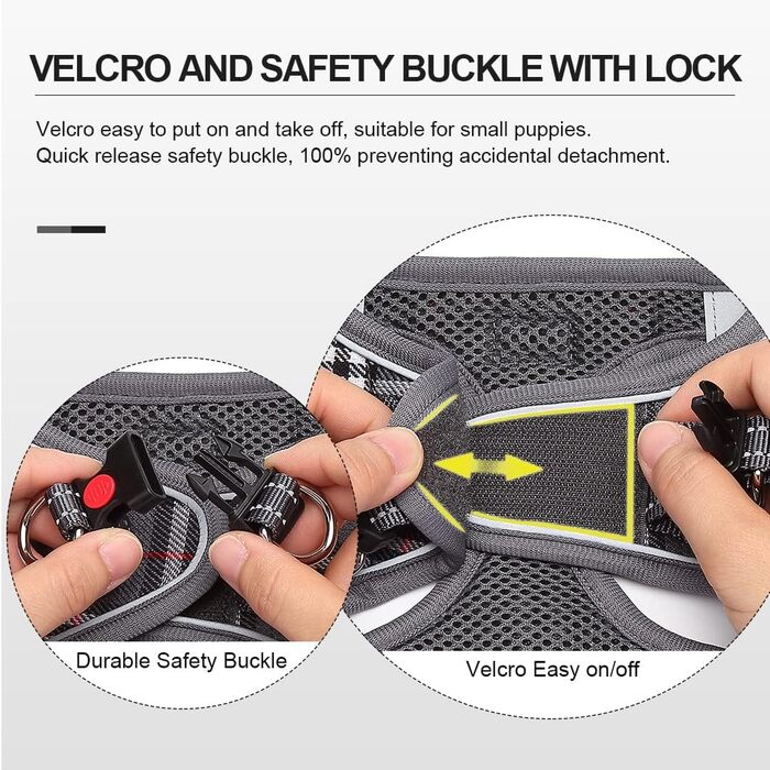 Шлейка для собак Suredoo, маленькі та середні породи, анти-тяга, світловідбиваюча, дихаюча, для цуценят (M, 34-39см; XL, 46-53см, 8-10.5кг), сіра в клітинку