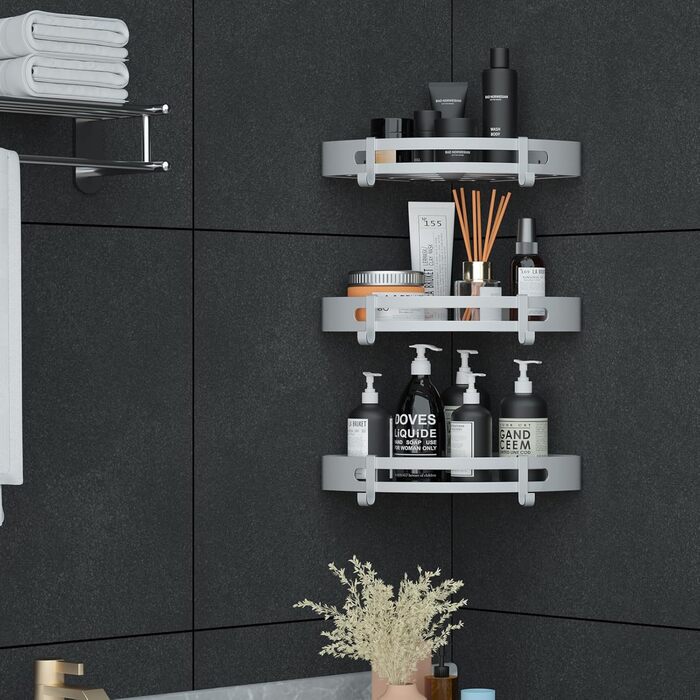 Yorbay Shower Shelf No Drilling with Mounting Material, Corner Shower Shelf No Drilling, Triangle Bathroom Shelf Made of Aluminum with Hooks, Bathroom Shelf 3-Piece Set