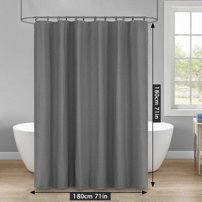 Штора для душу миюча текстильна поліестер 180x200 см, сіра, з кільцями (12 шт.) - Водонепроникна штора у ванну
