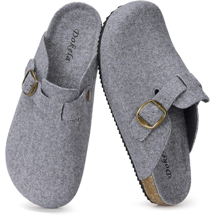 Домашні капці Dokela для жінок та чоловіків, зимові сліпони з підкладкою, фетрові тапочки з підкладкою, тепле устілка з корку, мюлі, закриті, неслизькі, зручні, шкіряні, фетрові сліпони (38 EU, світло-сірий)