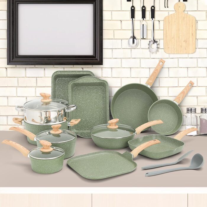 Kitchen Academy 17-Piece Induction Cookware Set with Glass Lids and Granite Coating, including Frying Pans and Pots (green 17 pc)