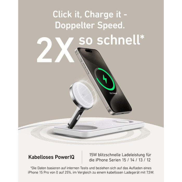 Складана бездротова зарядна станція Anker MagGo 3-в-1 Qi2 15W для iPhone 17/16/15/14/13/12, Apple Watch Ultra та AirPods Pro (з адаптером USB-C та кабелем)