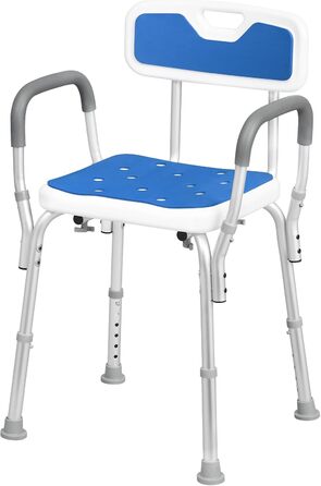 EUGAD Shower Chair, Shower Stool for Seniors, with Armrests and Backrest, Height Adjustable 6 Levels, 40 cm-54 cm, Non-Slip Shower Seat, Stable Bath Seat, Made of Aluminum and Plastic, White and Blue