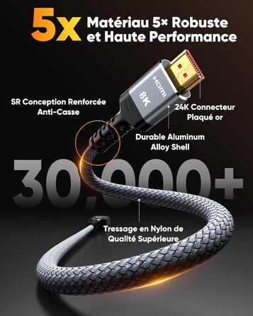 HDMI кабель SNOWKIDS 8K@60Hz 2M, HDMI 2.1, 48Gbit/s, 4K@120Hz, Dolby Vision, DTS:X, HDCP 2.2/2.3, HDR 10, eARC, HDR, сумісний з PS5, HDTV, проектором, PC, монітором, PS4