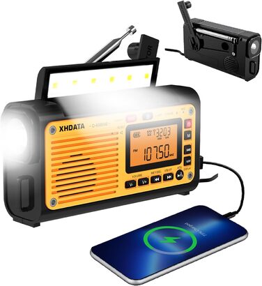 Радіо XHDATA D608WB з ручним генератором та сонячною панеллю, 3000mAh, LED ліхтарик, Bluetooth, FM/MW/SW, SOS-сигнал, для кемпінгу та активного відпочинку