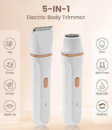 Електричний жіночий бритва 5-в-1 для тіла, бікіні та носа, водонепроникний (IPX7), для сухого та вологого гоління, з тримером, USB-зарядка