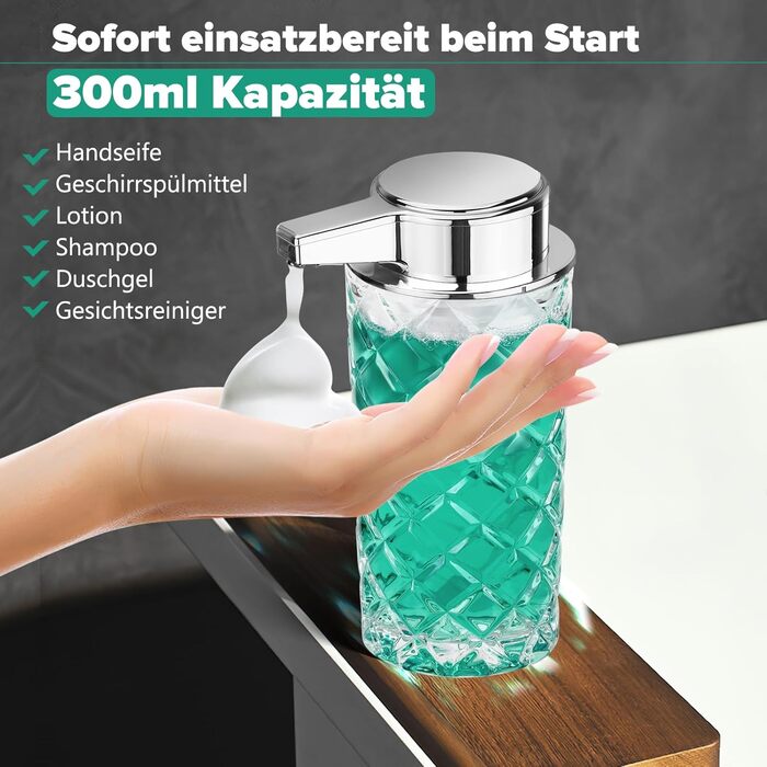 Phneems Soap Dispenser Automatic Foam Soap Dispenser Glass Electric Soap Dispenser With Sensor Soap Dispenser Automatic USB Charging IPX5 Waterproof 300ML For Bathroom Kitchen Foam