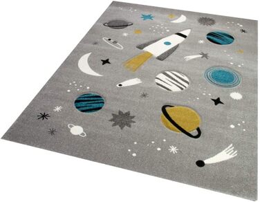 Merino Kids Space Learning Rug with Spaceship, Stars, and Planets in Gray, Size 200 x 290 cm