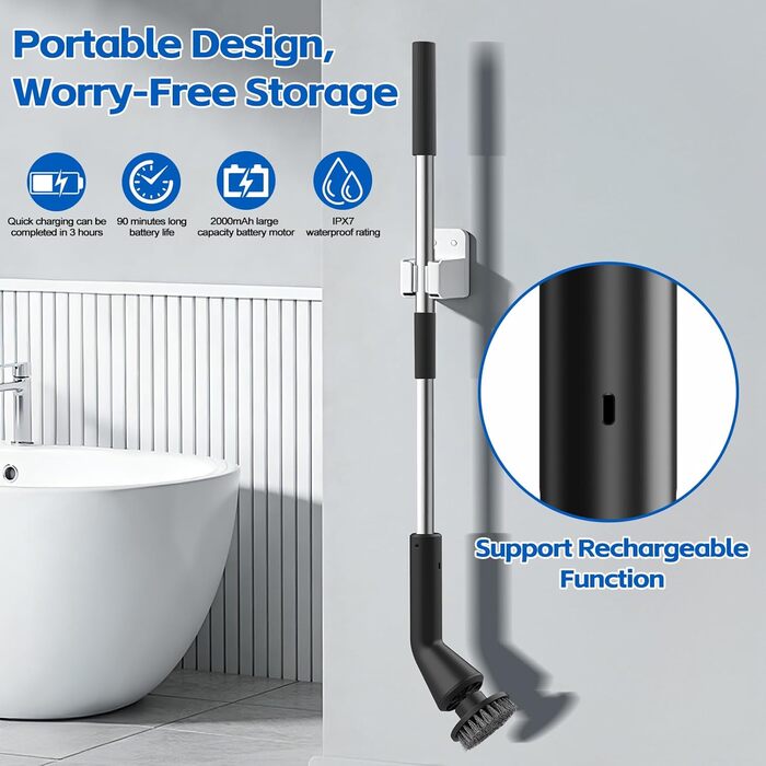 Електрична щітка для чищення ванни та душової кабіни, 7 насадок, бездротова, з висувним ручками, для ванної, кухні та авто (чорна)