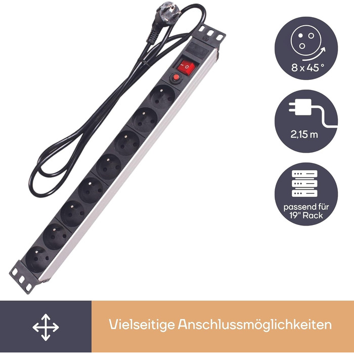Розподільник живлення Perel PDU з 8 розетками типу E, вимикач та захист від перенапруги, кабель 2.15 м, 3680 Вт для 19-дюймової стійки, серверної, офісу та IT-середовища