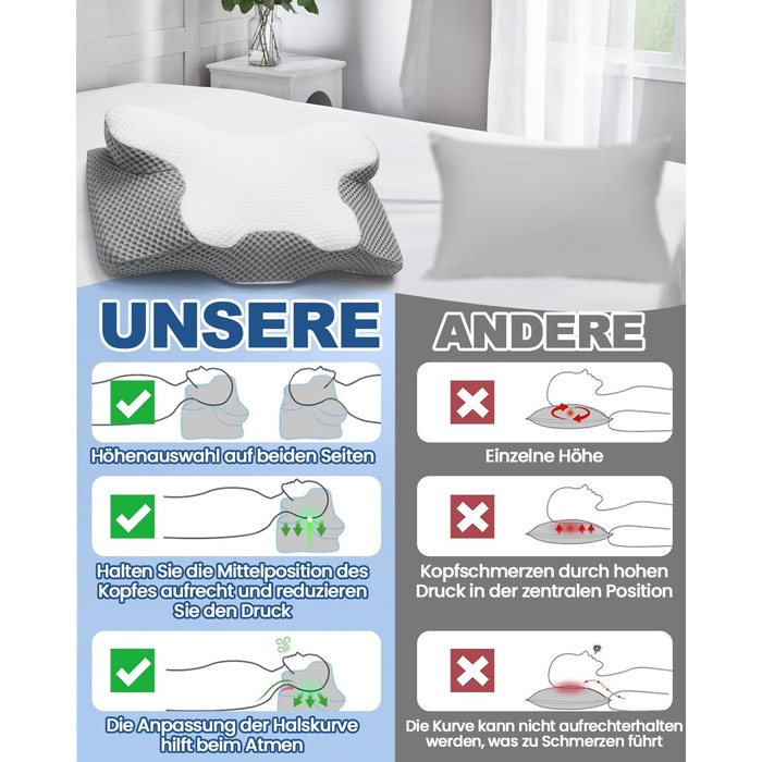 Ортопедична подушка для шиї з Memory Foam, Ergonomische, 2 висоти, для сну на боці, спині та животі, сірого кольору