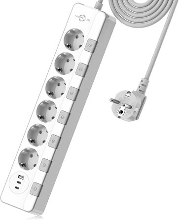 Мережевий фільтр KEPLUG з USB, 4000W, 16A, 6 розеток, білий