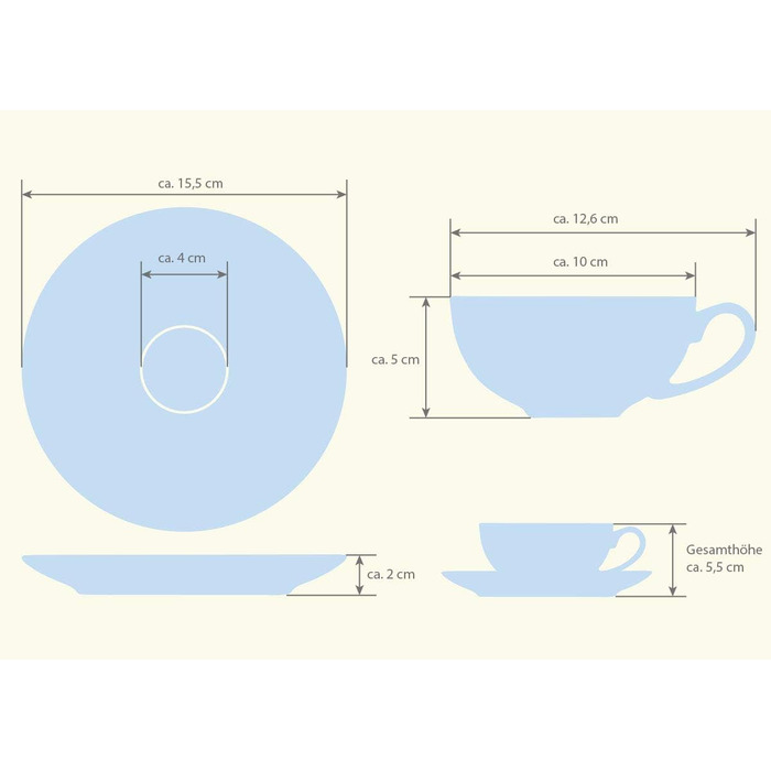 Tea cup set made of fine bone china porcelain. 6 teacups, each 150ml, and 6 saucers with a stylish cup design.