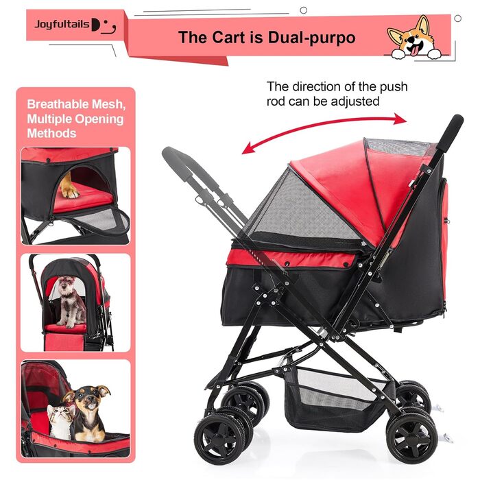 Складаний візок для собак, переноска для тварин до 20 кг, візок-роадстер для собак та котів (червоний)