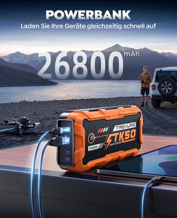 Powerbank для автомобіля 8000A Starthilfe (бензин/дизель 12.0L), 26800mAh, 12V пусковий пристрій з ліхтарем 800 люмен, 2xUSB, посилені кабелі, помаранчевий