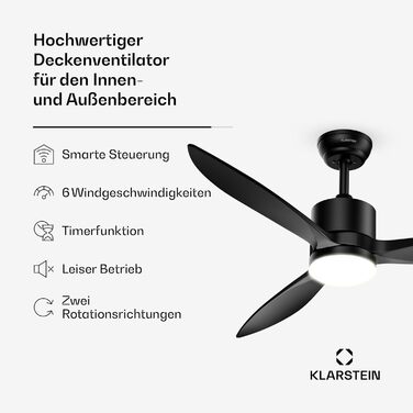 Стельовий вентилятор Klarstein SkyBreeze з підсвічуванням та дистанційним керуванням для вулиці (IP44), 6 швидкостей, димування, 132 см, чорний, Smart