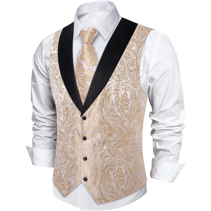 Костюм чоловічий DiBanGu 7-частинний: жакардовий піджак, краватка, жилет, сорочка з коміром, для весілля, свят, урочистих подій. Кольори: золото, чорний, шампань, срібло (XL)