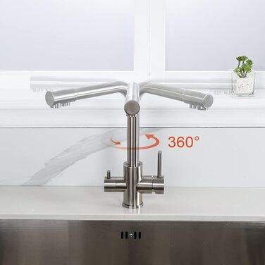 Кухонний змішувач 3-в-1 з поворотним виливом 360°, з двома важелями, для фільтрації води, гарячої та холодної води, високого тиску, з 3 шлангами 50 см, нержавіюча сталь, сірий матовий