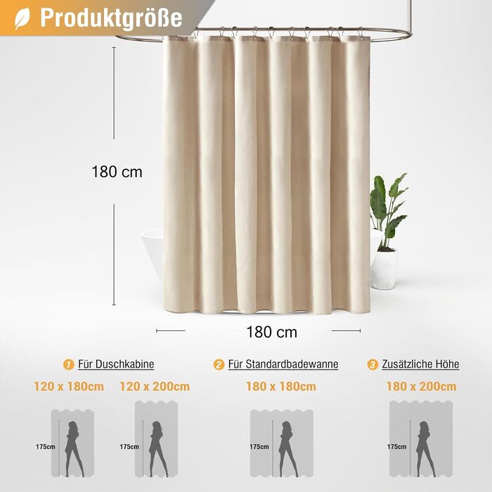 Штора для душу BTTN 180x180 см, бежева, льон, антигрибкова, водонепроникна, з гачками (1 шт)