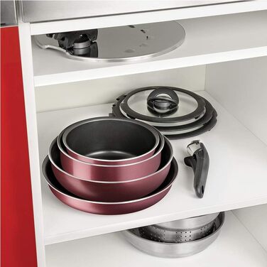 Набір посуду Tefal Ingenio Essential (20 предметів): каструлі, сковорідки, кришки та кухонне приладдя, червоний, для всіх типів плит (крім індукційних) та духовки