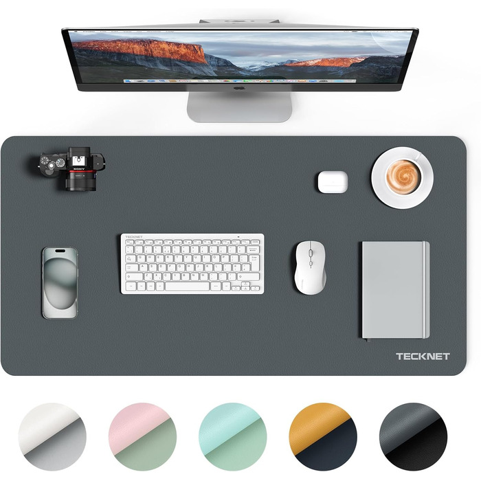 TECKNET Килимок на стіл, 80 x 40 см, захист від води, для ноутбука, PU шкіра, двосторонній, для офісу/дому (темно-сірий)