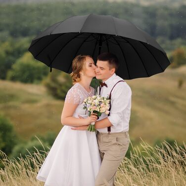 NINEMAX Large Windproof Umbrella - Wooden Handle Stick Umbrella for Men & Women - 16 Ribs Automatic Open - Double Layer Black