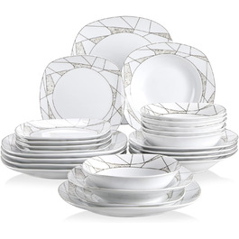 VEWEET Сервіз столовий 'Serena' з порцеляни, 24 елементи | 6 тарілок для сніданку, десерту, їжі та супу | Сервіз для 6 осіб, ресторану, сім'ї, білий