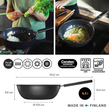 Wok-пательня Fiskars Hard Face 22 см, антипригарна, алюміній, для всіх плит, стійка до подряпин, чорна
