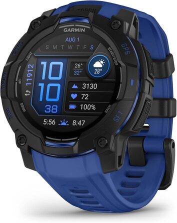 Розумний годинник Garmin Instinct 3 з AMOLED-дисплеєм, GPS, 80+ спортивних функцій, 24 дні роботи від акумулятора, Health Coach, LED-ліхтарик (45мм, Чорний-Синій)