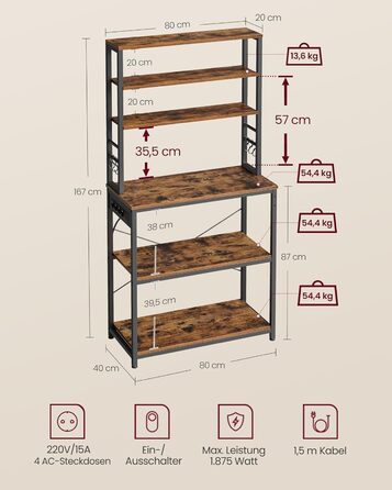 Стелаж кухонний VASAGLE з розетками, 6 полиць, гачки, сталевий каркас, 40x60x167 см, колір горіх + білий