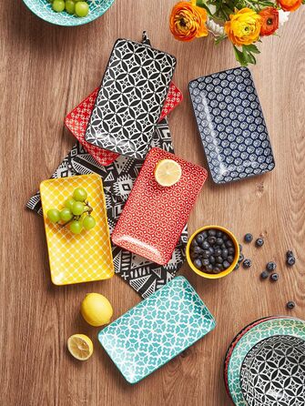 DOWAN Сервірна таця 6-ти місна - Bone China, прямокутна, 20.5 см - для закусок, суші, фруктів, салату, десерту. Можливе використання в мікрохвильовій печі, духовці, миєвій машині. Багатобарвна