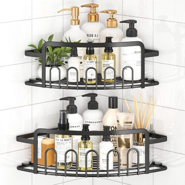 ACMETOP Shower Shelf No Drilling 2-Pack, SUS304 Stainless Steel Bathroom Organizer Corner Shelf, Bathroom Shelf with 10 Hooks and 6 Adhesives, Shower Shelf, Shower Basket for Bathroom Kitchen (Black)