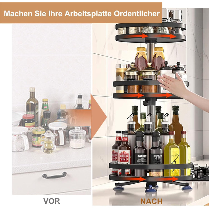 Організатор для спецій, поворотний на 360°, 3 яруси, з нержавіючої сталі, чорний