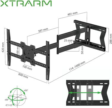Настінний кріплення для телевізора XTRARM TiTon, 120 см, поворотний, 40 кг, VESA max. 400x400 мм, чорний