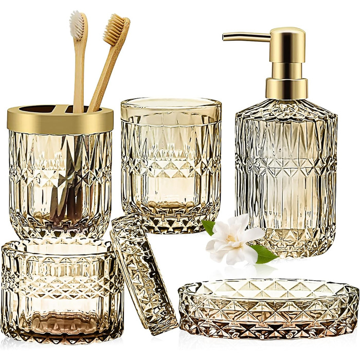 Набір аксесуарів для ванної кімнати з 5 предметів, золото, скло: диспенсер для лосьйону, мильниця, тримач для зубних щіток, стакан, ватні палички. Сучасний дизайн, вінтажний подарунок