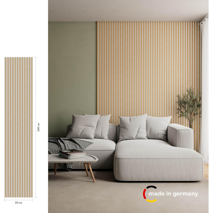 Акустична панель Momento з натурального дуба 240x50 см, білий фетр — декоративна 3D стінова панель-ламель для інтер'єру, Made in Germany