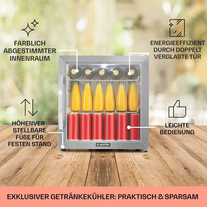 Klarstein Mini-холодильник з скляними дверцятами, 47 літрів, для кімнати, тихий, indoor/outdoor, срібно-білий