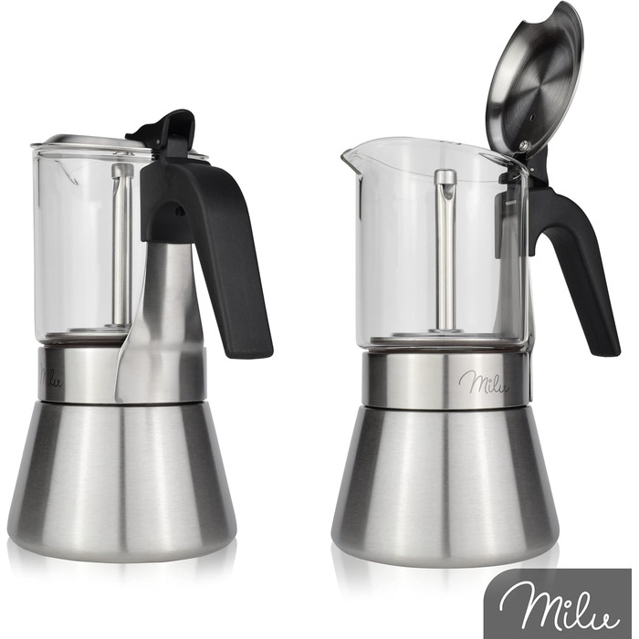 Milu Espresso Maker Induction Compatible | 4, 6 Cups | Stainless Steel Glass Moka Pot, Espresso Pot, Espresso Maker Set including coaster, spoon, brush (4 cups 200ml) Glass 4 cups (200ml)
