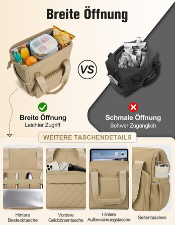 Термосумка 20 л, водонепроникна ізольована сумка/ланч-сумка з великим отвором, виготовлена з витокостійкого матеріалу PEVA, з кількома відділеннями та плечовим ременем – для роботи, школи, автомобіля, пікніка (Хакі)