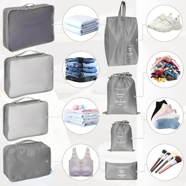 Органайзер для валізи Zorplex, набір 10 шт: кубики для пакування, аксесуари для подорожей, сумки для одягу, взуття та косметики (сірий)