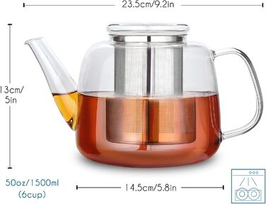Скляний чайник Easyworkz з боросилікатного скла 1500 мл з вийманим ситом із нержавіючої сталі для листового, фруктового та трав'яного чаю, прозорий