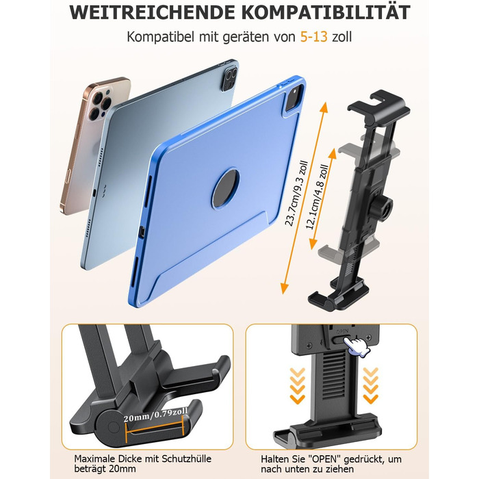 Утримувач для планшету в авто OHLPRO - розсувний, 48 см, універсальний, сумісний з iPad, смартфонами, Switch, з металевими кільцями